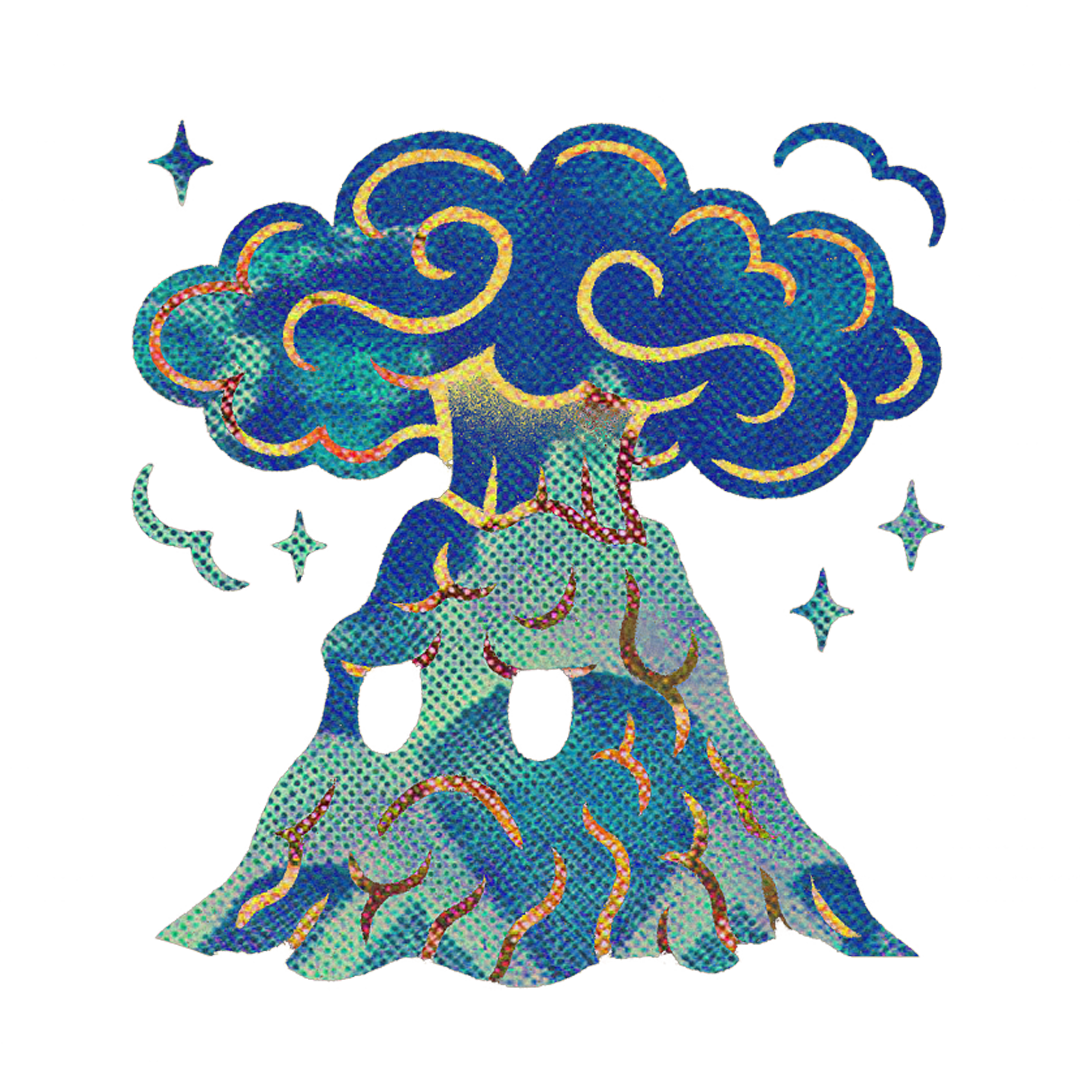 Volcano with brain texture surrounded by it's own clouds to depict brain fog