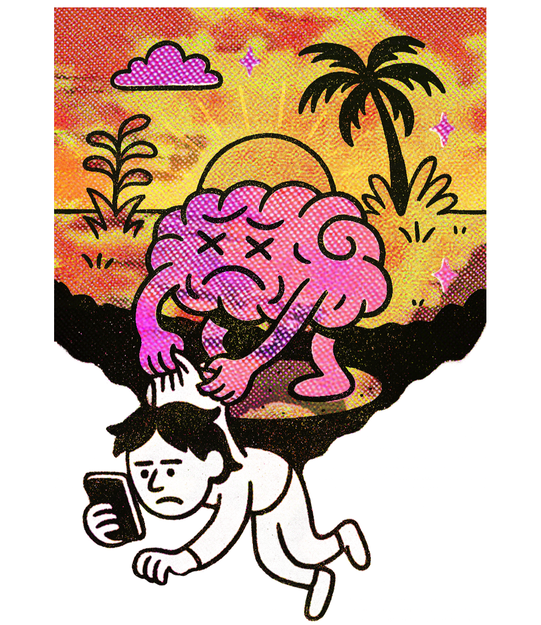A graphic of a brain in paradise holding onto someone on their phone who is falling off the island.