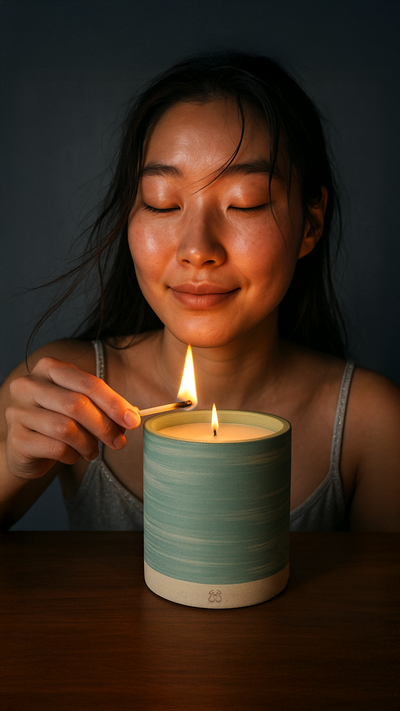 A woman relaxing as she lights a mint ThirdWall vessel to begin her routine
