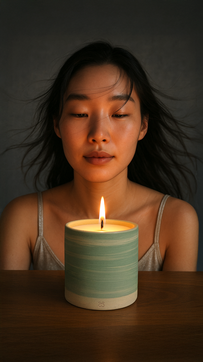 A woman stares fiercely into the flame of a burning ThirdWall candle in a mint green ceramic vessekl