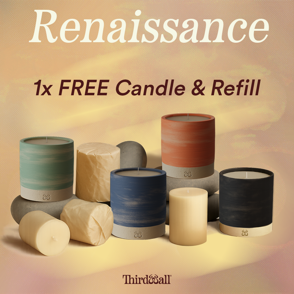 The renaissance bundle, 4 ThirdWall Candles 1x Mint, 1x Blue, 1x Coral & 1x Charcoal and 4 candle refills