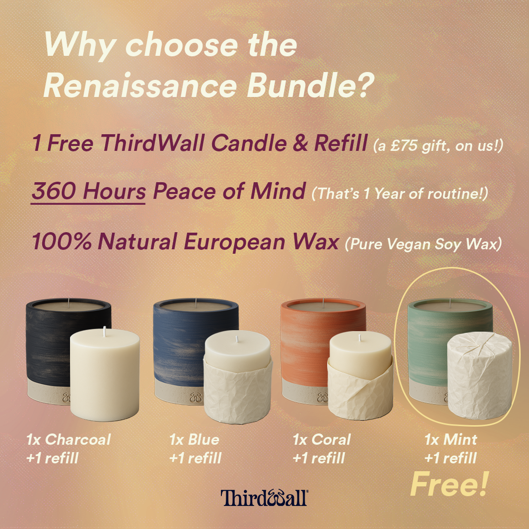 An infographic detailing the benefits of the renaissance bundle and displaying the 4 ThirdWall Candles 1x Mint, 1x Blue, 1x Coral & 1x Charcoal along with 4 refills.