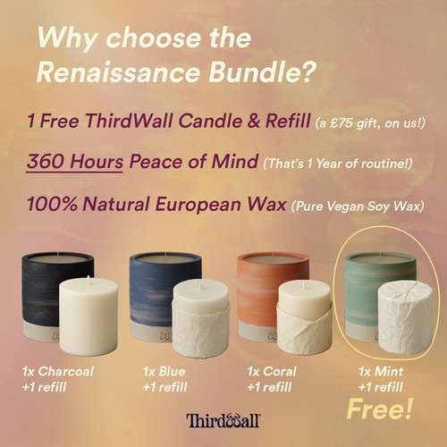 An infographic detailing the benefits of the renaissance bundle and displaying the 4 ThirdWall Candles 1x Mint, 1x Blue, 1x Coral & 1x Charcoal along with 4 refills.