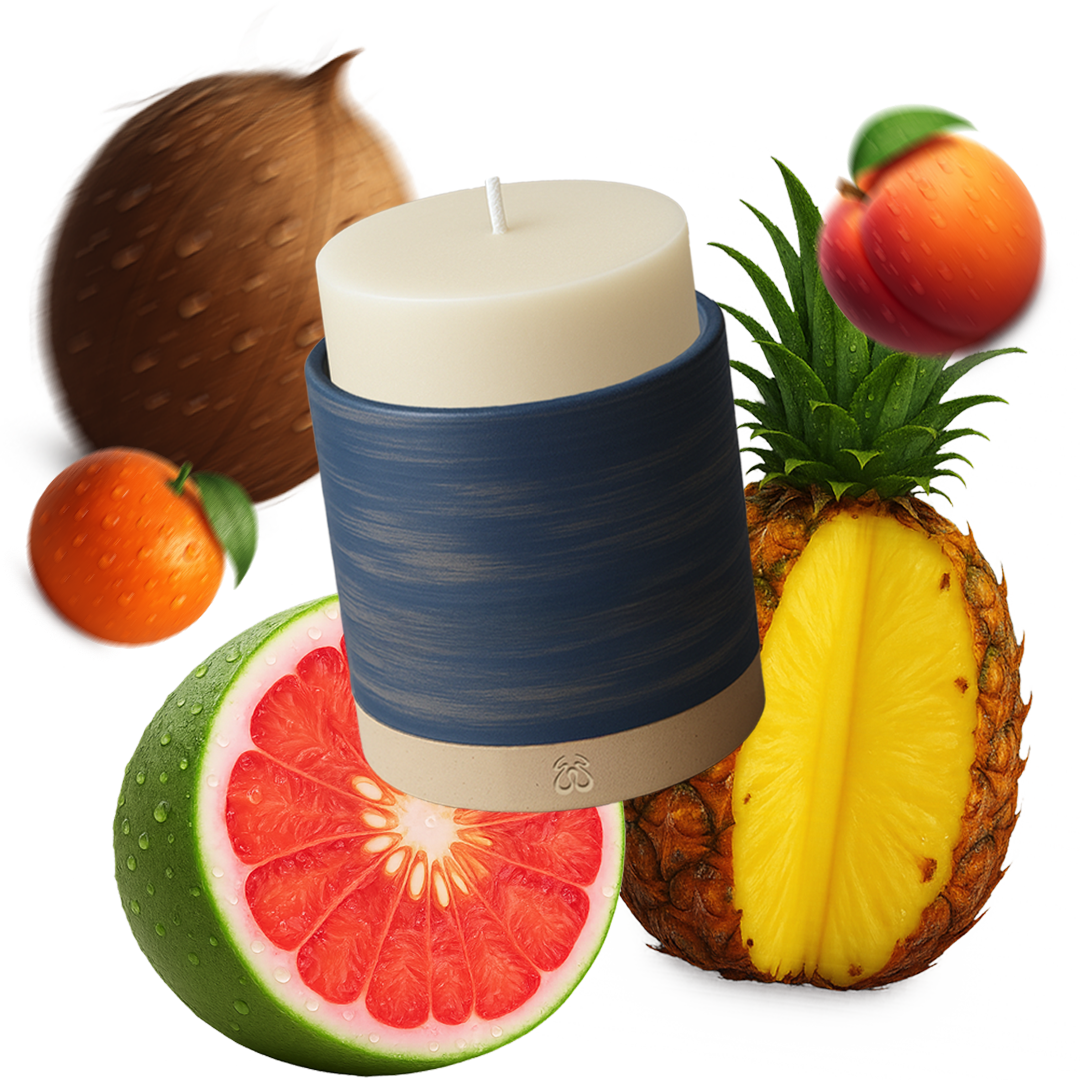 an image of the scents of the ThirdWall candle. Pineapple. Pomelo, Coconut, Peach & Tangerine